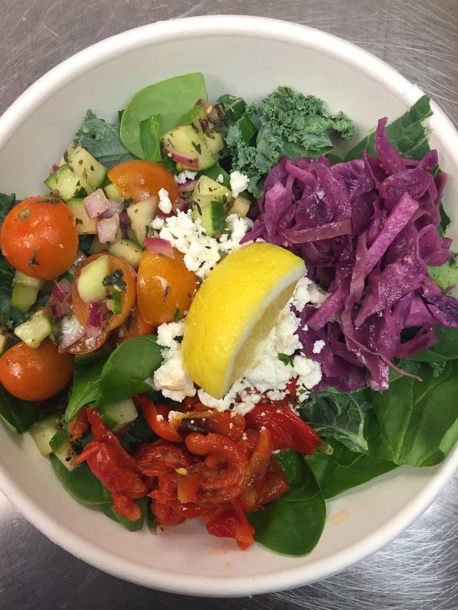 Check out this beautiful Greek Chicken Salad - local cherry tomato-cucumber relish, Feta and red wine vinaigrette!