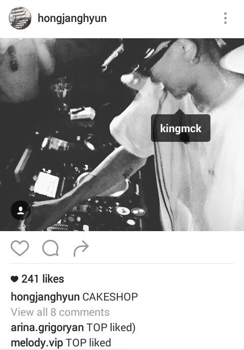 atomtopnyong's tweet photo. lol TOP liked Hong Jang Hyun's pic from GD's +82 squad party at Cakeshop~ https://t.co/DLAIEebfDO