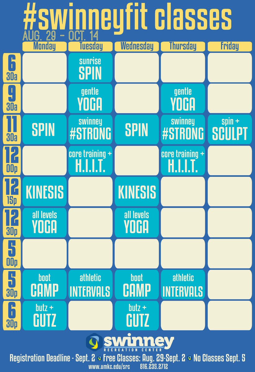 UMKCRec's tweet photo. FALL FITNESS CLASSES! Try all classes free August 29th-September 2nd! #swinneyfit #roowellness #umkc https://t.co/5p1oljHYoU