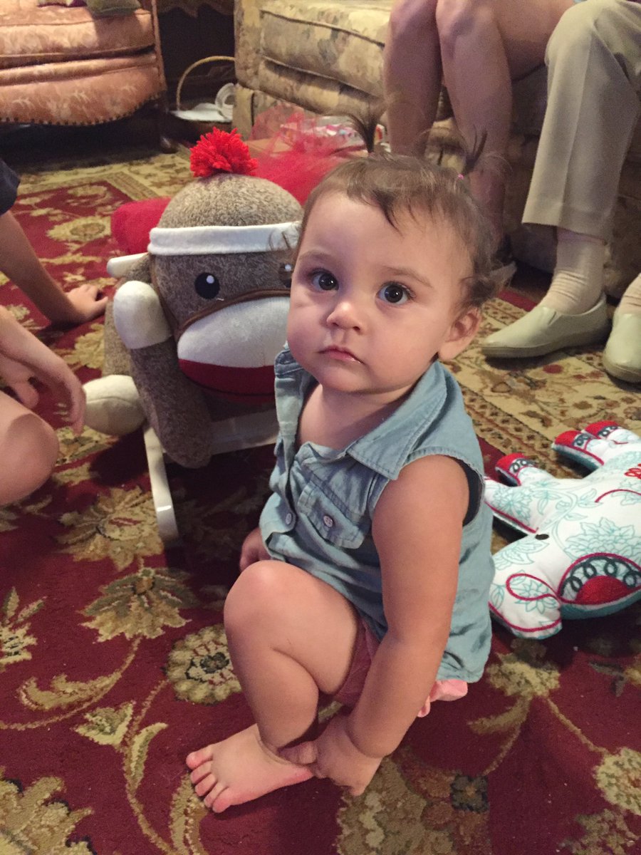 ag_gerner's tweet photo. She's not sure about the sock money rocker. 😂😂 #princessmadison #birthdaygirl https://t.co/xaXjjwGkTl
