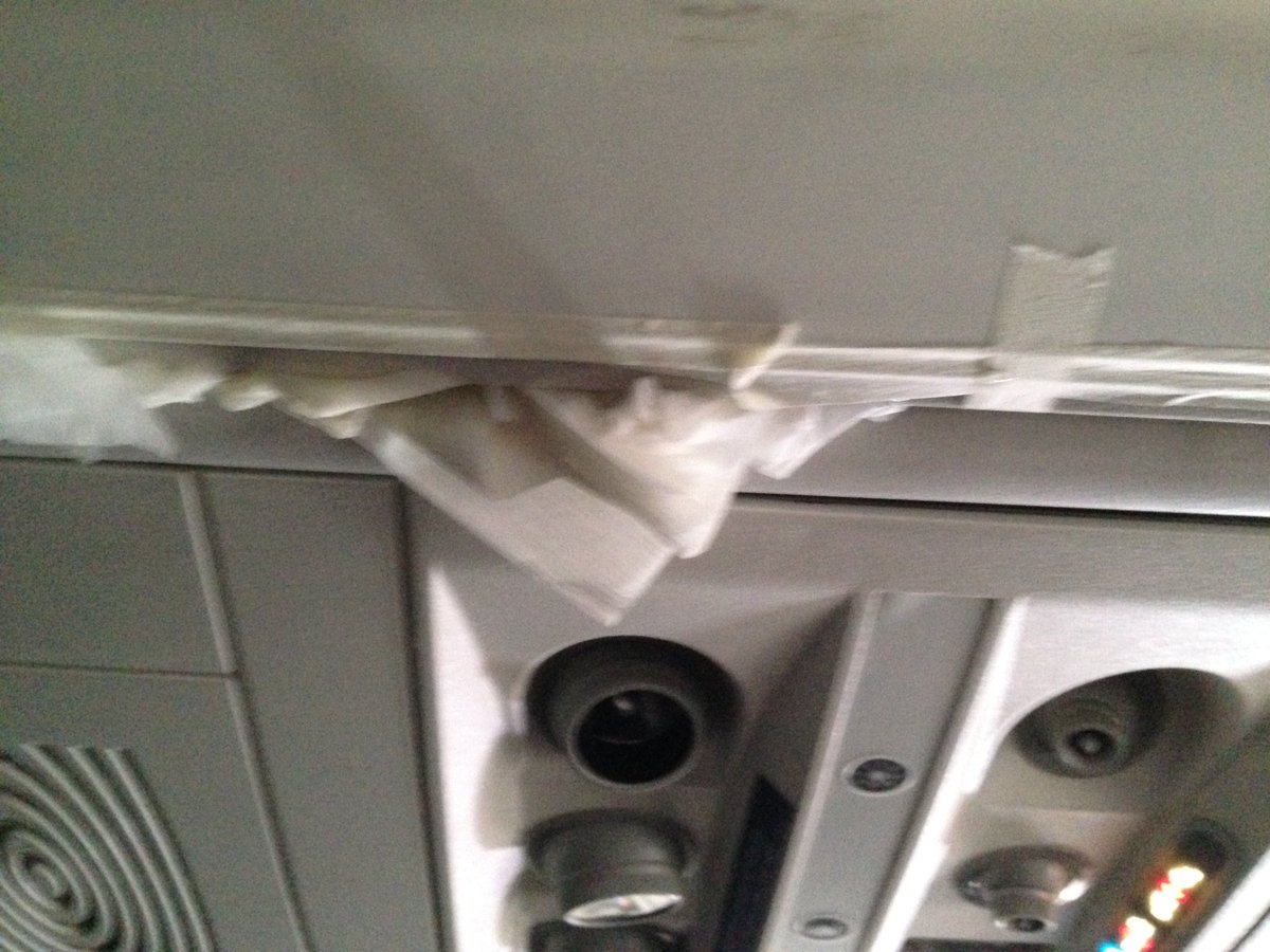 welliTclaire's tweet photo. @Delta @DeltaAssist It rained in the plane! 5 delays 2 airports the beverage cart hit @LaBrixx  #DeltaMeltdown2016 https://t.co/PwFjCKWlZg