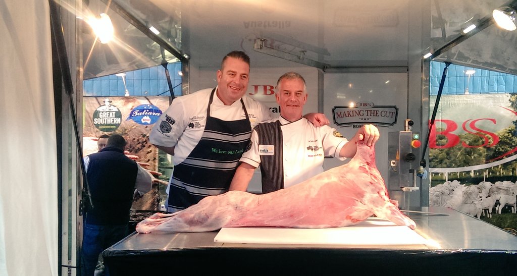 FionaLooker's tweet photo. @meatlivestock Doug Piper, Corp Butcher, ready for smoko demos! Then onstage w Sam Burke, Corp Chef next #lambex2016 https://t.co/0W4nnzctEv