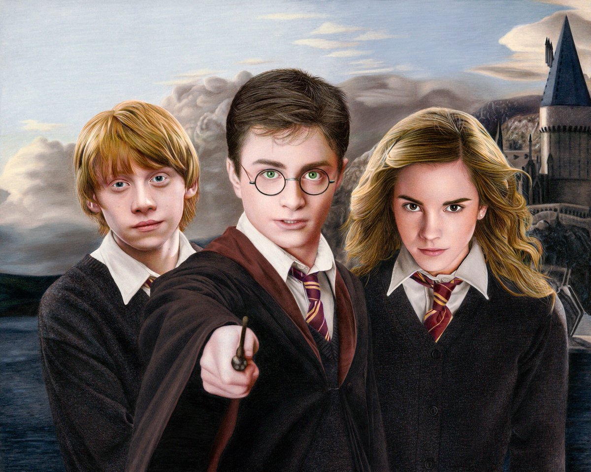 Colored pencil drawing of Harry Potter, Ron Weasley, and Hermione Granger h...