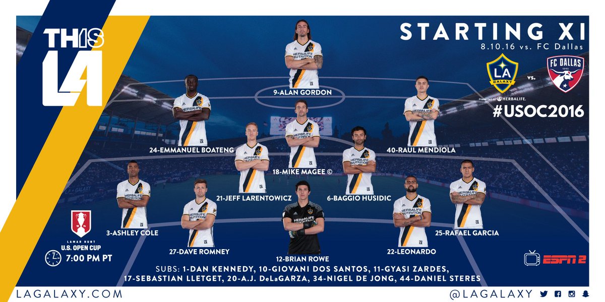 LAGalaxy's tweet image. #LAGalaxy XI: Rowe; Garcia, Leonardo, Romney, Cole; Husidic, Larentowicz, Mendiola, Magee, Boateng; Gordon #LAvDAL