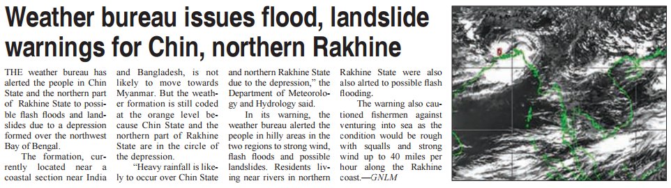 #Myanmar's Weather bureau issues #flood, #landslide warnings for #Chin, northern #Rakhine issuu.com/myanmarnewspap…