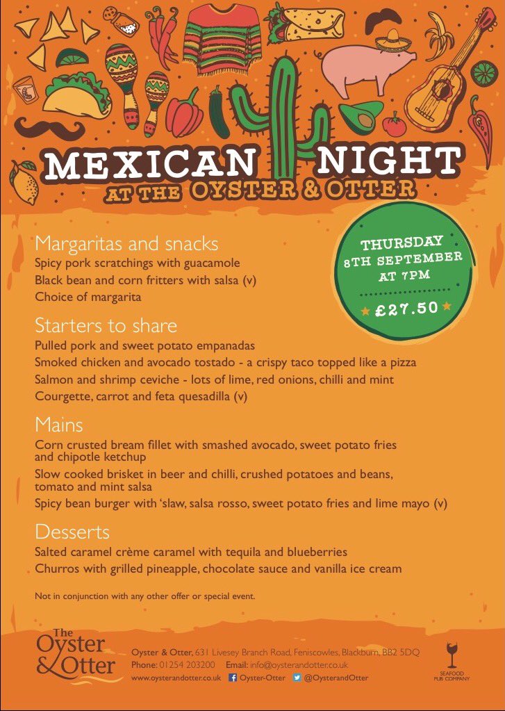 OysterandOtter's tweet photo. Less than a month now until Mexican Night....😁

Have you booked in yet?🍴 #mexicannight #besteventyet https://t.co/Mvko5uQI1S