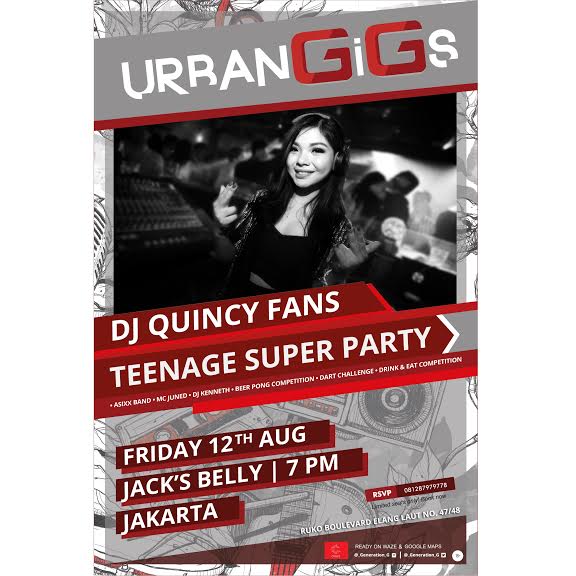 Friday, 12 Aug 2016 at 7pm
Peformance by :
DJ QUINCY FANS
DJ KENNETH
FOXA BAND
For RSVP : 081287979778
Limited seats