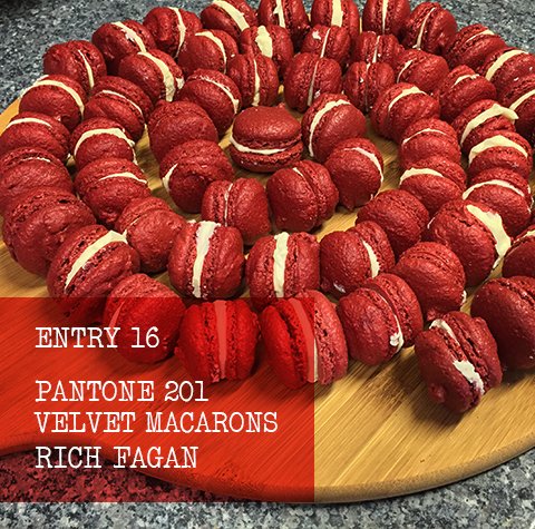 Point13Media's tweet photo. The last #Point13Bakeoff Entry comes from Rich, who’s pairing #Design with France for #Pantone 201 Velvet Macarons! https://t.co/oUEcXoN94D
