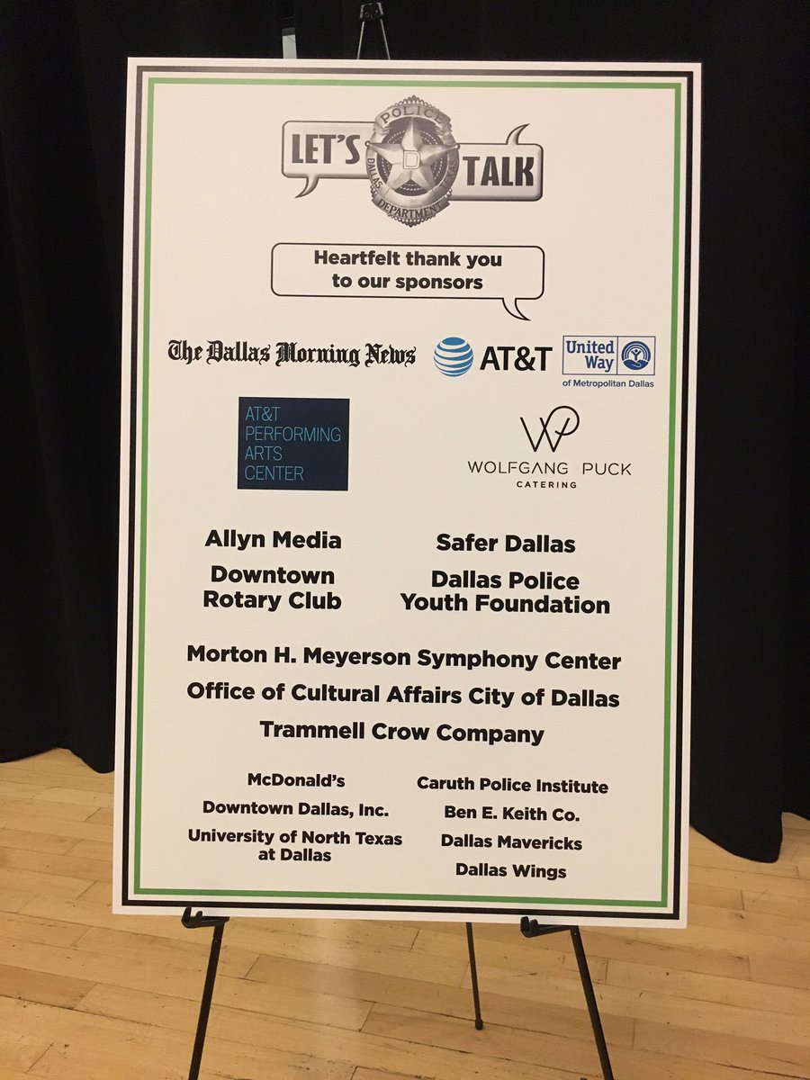DallasPD's tweet photo. #Thankyou to all the #DPDLetsTalk sponsors! @dallasnews @ATT @SaferDallas @dallasmavs @McD_NorthTexas https://t.co/2hzuJtdKV8