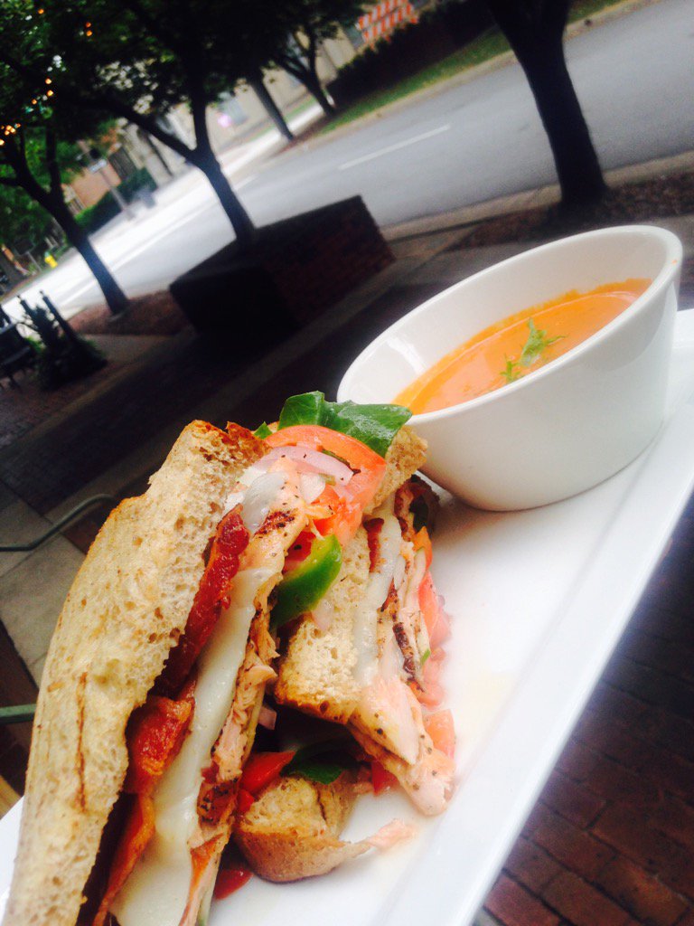 Our feature today is a Lemon Pepper Salmon Gazpacho sandwich with tomato and avocado soup !