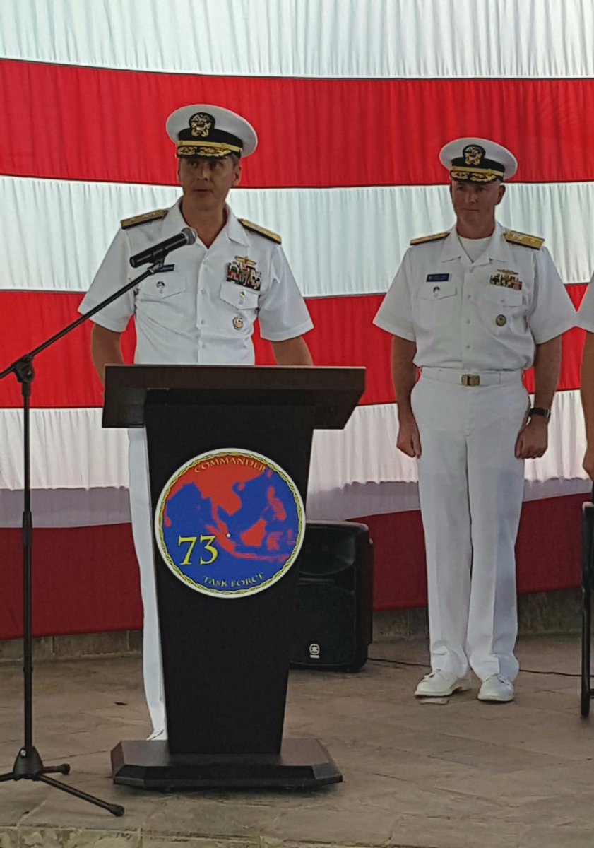 AmAssocSG's tweet photo. Congrats RearAdm Gabrielson(left) on posting #COMLOGWESTPAC, #CTF73. Thanks RearAdm Hurley #USNavy @RedWhiteBlueDot https://t.co/7UaGBJDaSi
