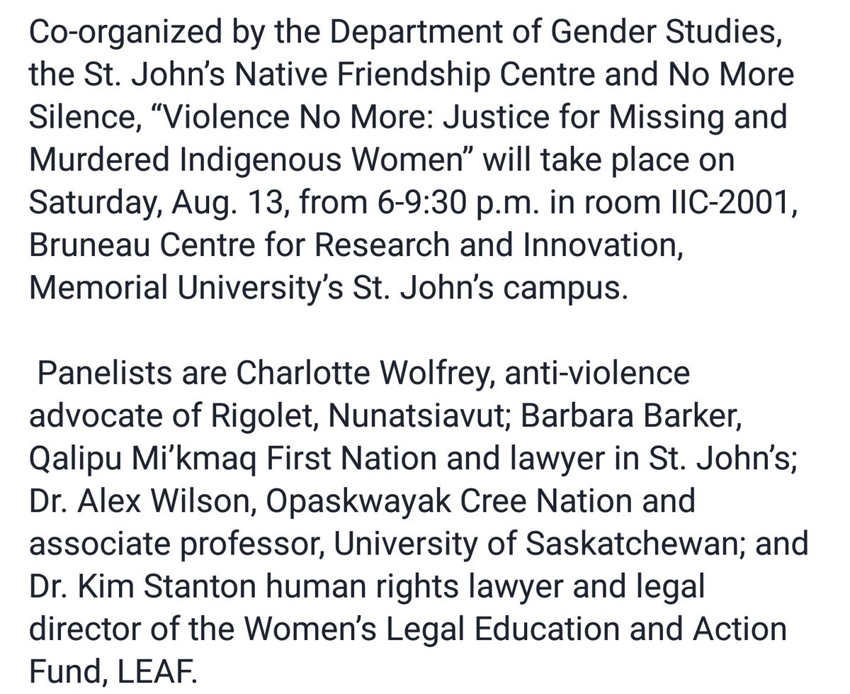 SpaatNL's tweet photo. Gr8 panel on Justice for #MMIW coming up this Saturday hosted by @MUNGNDRsociety &amp; @St_Johns_NFC! #EndViolenceNL https://t.co/ClrLKb4tSl
