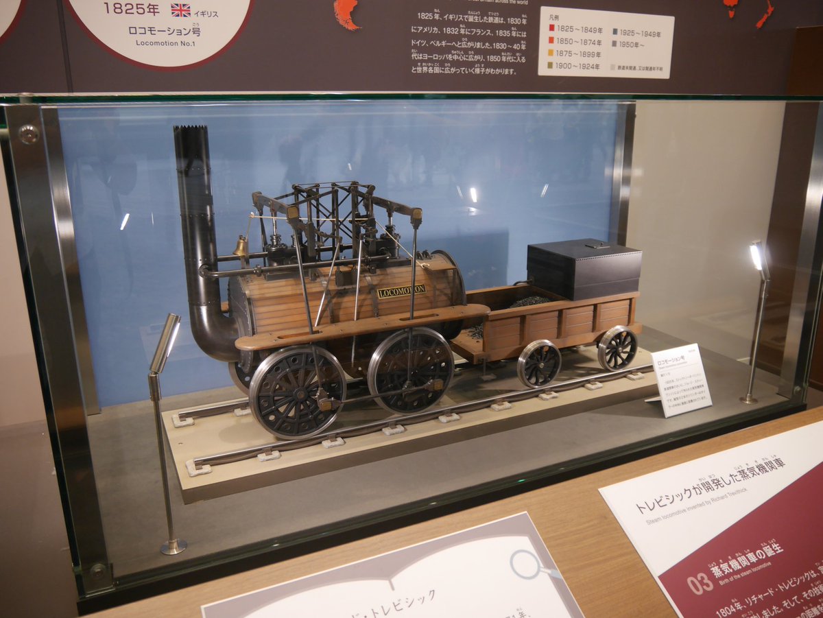 大町パルク 設備鉄が京都鉄道博物館へ行ったなら その2 鉄道のあゆみコーナーの 機関車模型の その下のレール トレビシック作ロコモーション号の下には魚腹レール スチーブンソンのロケット号の下には双頭レールがありました