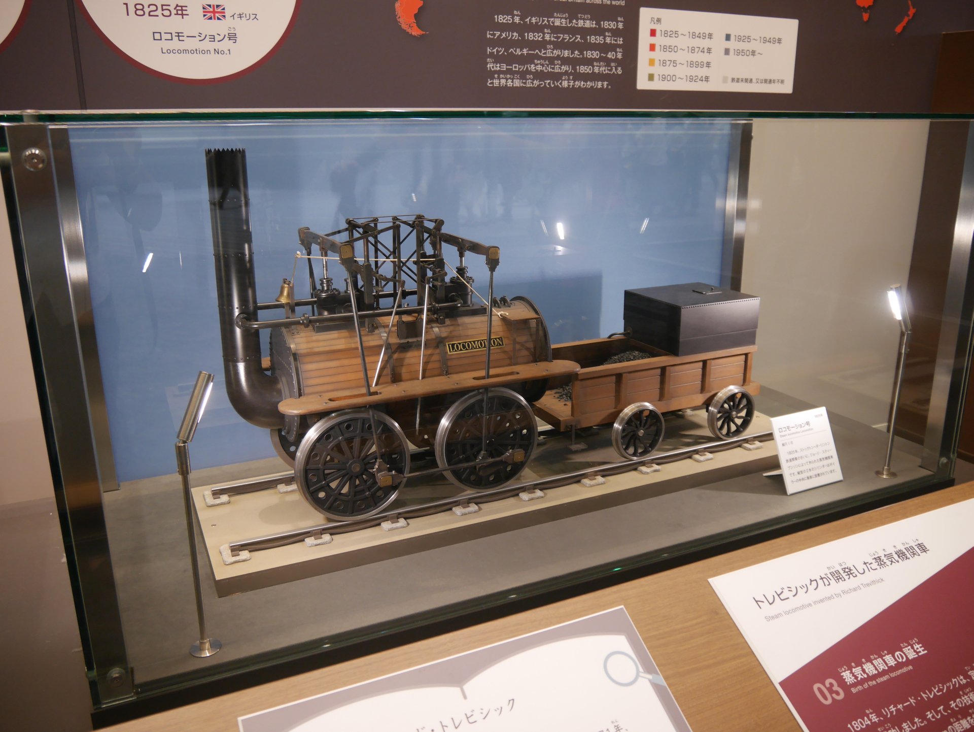 大町パルク 設備鉄が京都鉄道博物館へ行ったなら その2 鉄道のあゆみコーナーの 機関車模型の その下のレール トレビシック作ロコモーション号の下には魚腹レール スチーブンソンのロケット号の下には双頭レールがありました T Co Frxcil8rtr