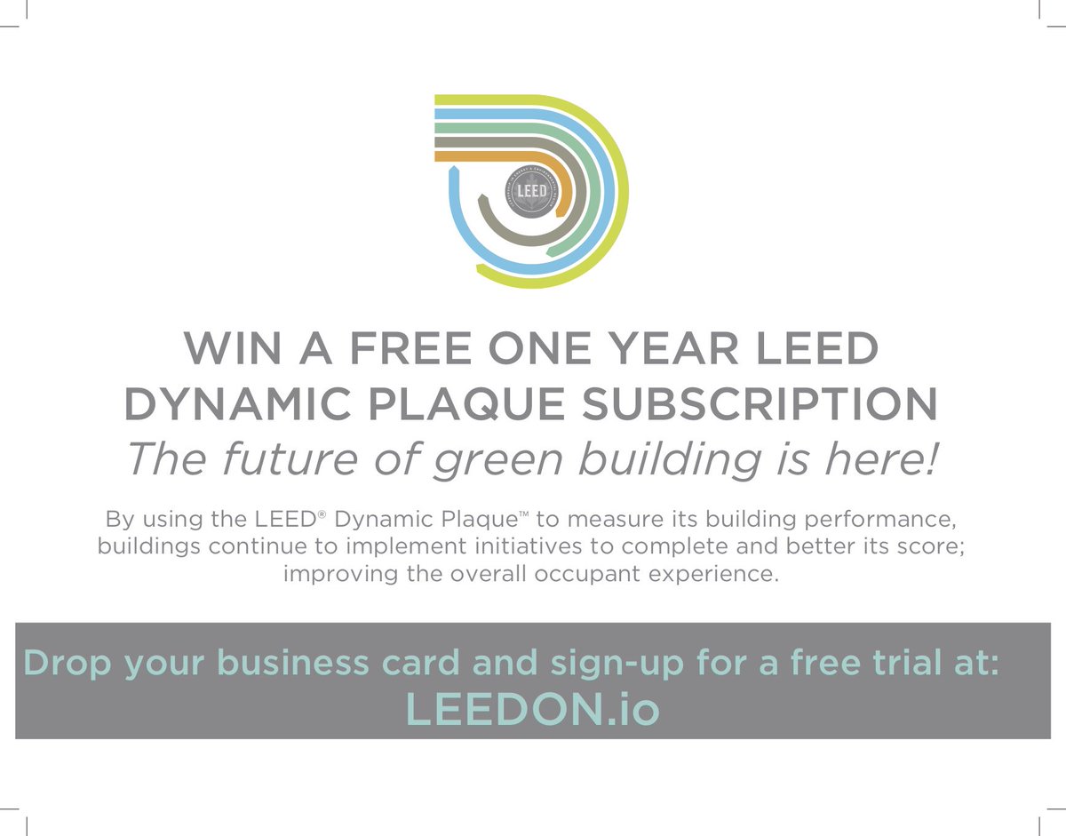 USGBC's tweet photo. Last chance #ExpoGBC! Submit your biz card for #LEED Dynamic Plaque software giveaway #D007! Drawing at 12:30p! https://t.co/stsXa7o3cU