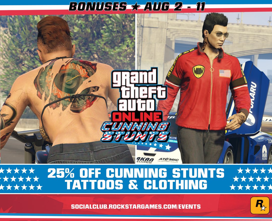 RockstarGames's tweet photo. 25% off the new Cunning Stunts Clothing &amp; Tattoos in #GTAOnline
Ends tonight!
https://t.co/RVEgZOg669 https://t.co/VSycwxaJN8