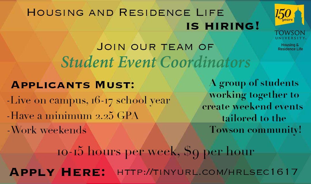 TUHRL's tweet photo. On Campus Job Opportunity: Student Event Coordinators. Find out more at https://t.co/CgIo5BRzKk https://t.co/iIewBc1628