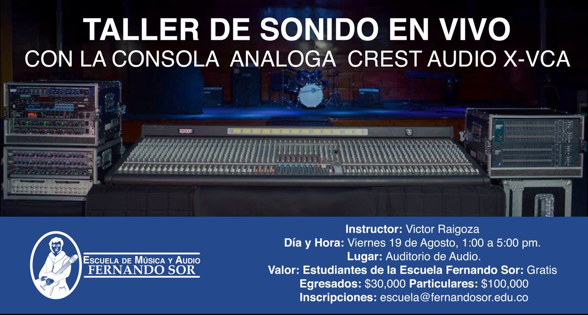 EscFernandoSor's tweet photo. Taller de consolas y procesos análogos el próximo 19 de agosto-2016 Info: 3407771-72-73 #CrestAudio @EscFernandoSor https://t.co/F70Fpj37db
