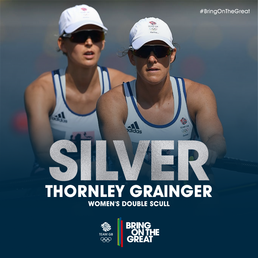TeamGB's tweet photo. SILVER OLYMPIC MEDALISTS!
@VickyThornleyGB &amp; Katherine Grainger
#Rowing  #BringOnTheGreat #Rio2016 https://t.co/kXuzYSUPal