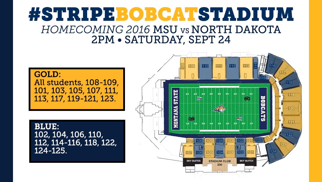 MSUBobcats's tweet photo. Help us create something extra special for Homecoming this year... Wear blue or gold based on your seat location! https://t.co/Sxx5cPLW4F