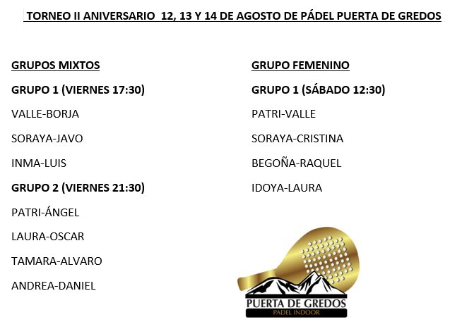 puertadegredos's tweet photo. Horarios y grupos del II torneo aniversario de @puertadegredos @CandeledaClub @Aserpadel @deportesavila https://t.co/581cvdY98b
