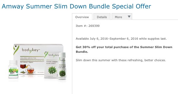 💥SPECIAL PROMOTION💥

➡️Save 30%⬅️

NOW...on the  summer slim down bundle!! 

amway.com/keytreasures 

Item #269399
