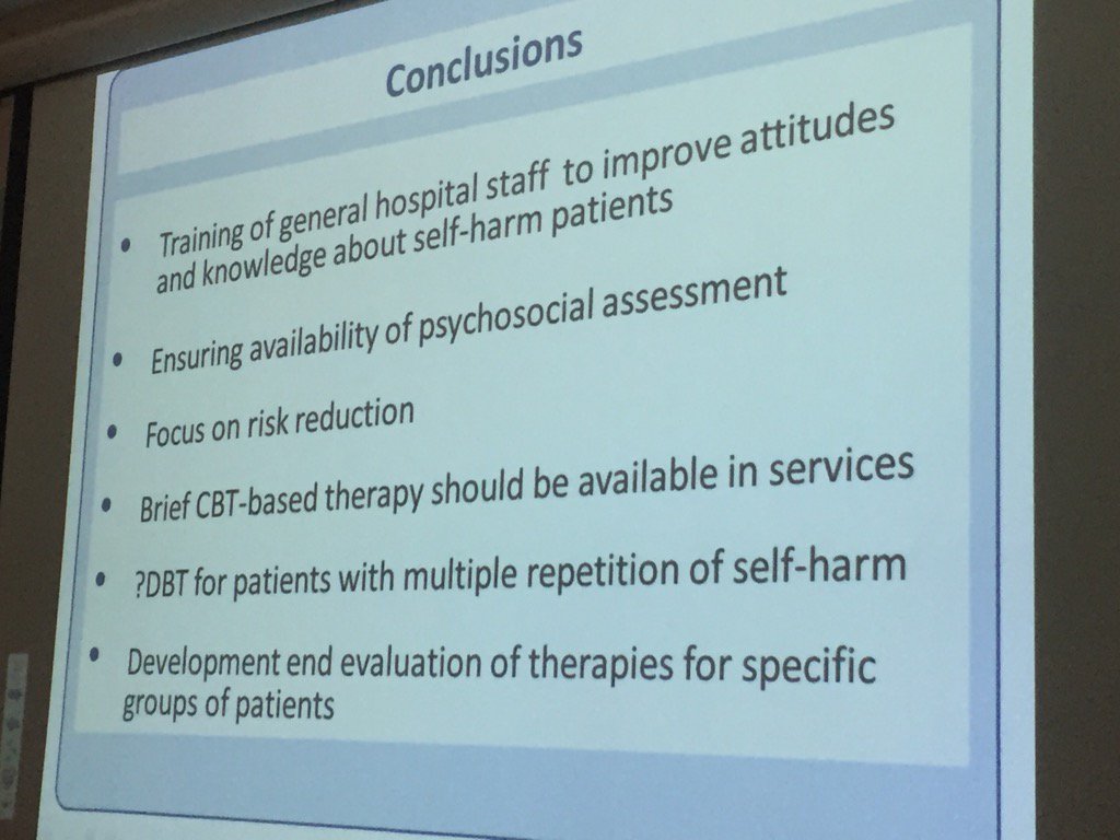 SelfHarmRes's tweet photo. Clinical care of adults who self harm - conclusions from Keith Hawton #SHNotts16 https://t.co/L7xQe430Dc
