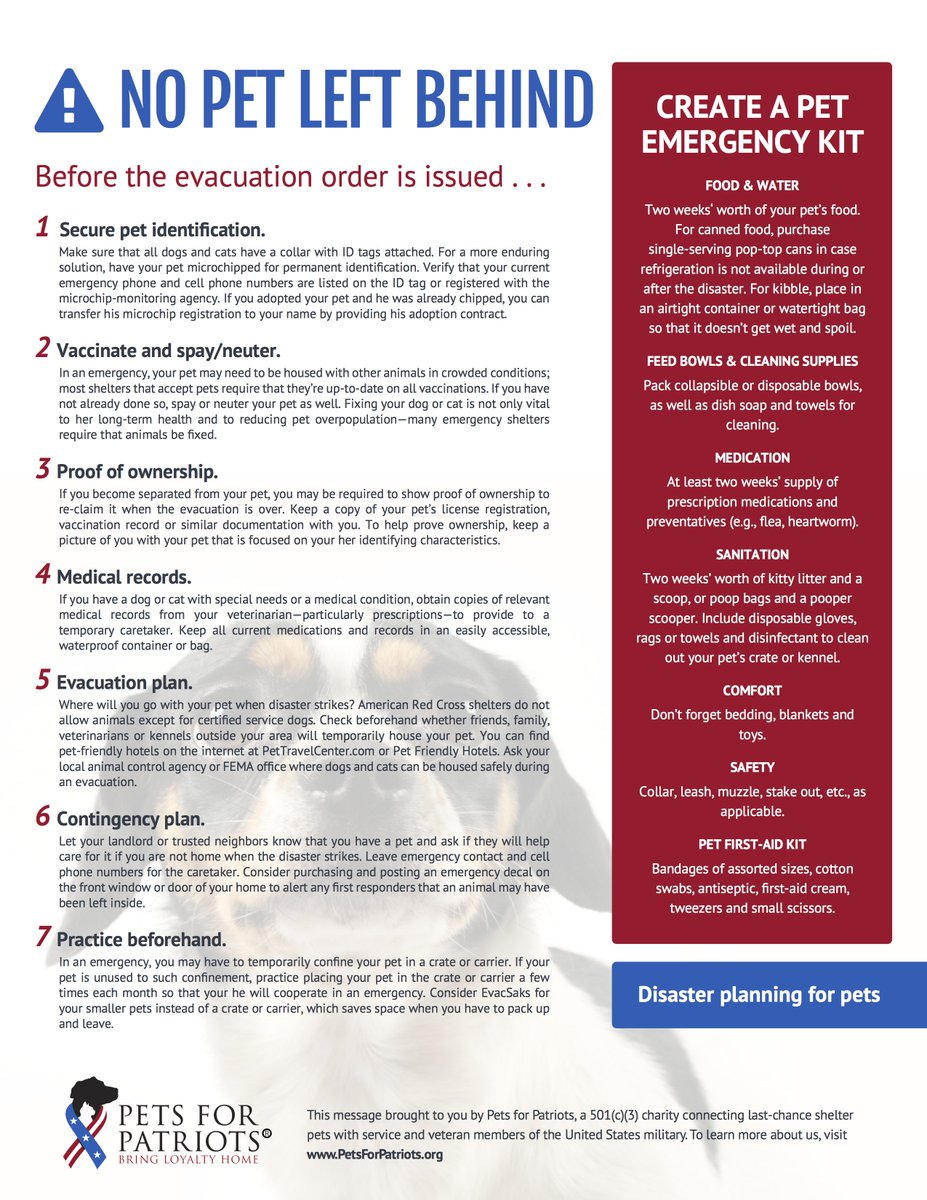 PetsforPatriots's tweet photo. Leave no #pets behind! Get our one-page pet disaster flyer because emergencies don't announce themselves! https://t.co/5zR8hXTj5u