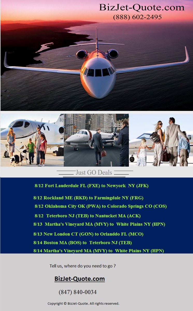 BizjetQ's tweet photo. Summer weekend getaways !!! Under 2k !!
Call (888)-602-2495 #emptylegs #WeekendDeal https://t.co/d1wiRixyh1