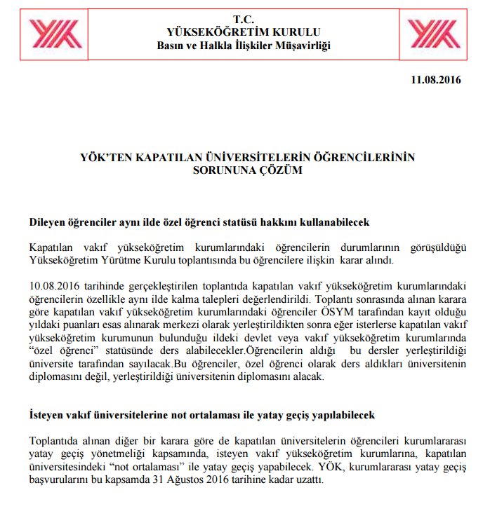 140journos on twitter yok kapatilan universitelere dair aciklamasinda dileyen ogrenciler ozel ogrenci statusu hakkini kullanabilecek https t co npyjf6dzjs twitter