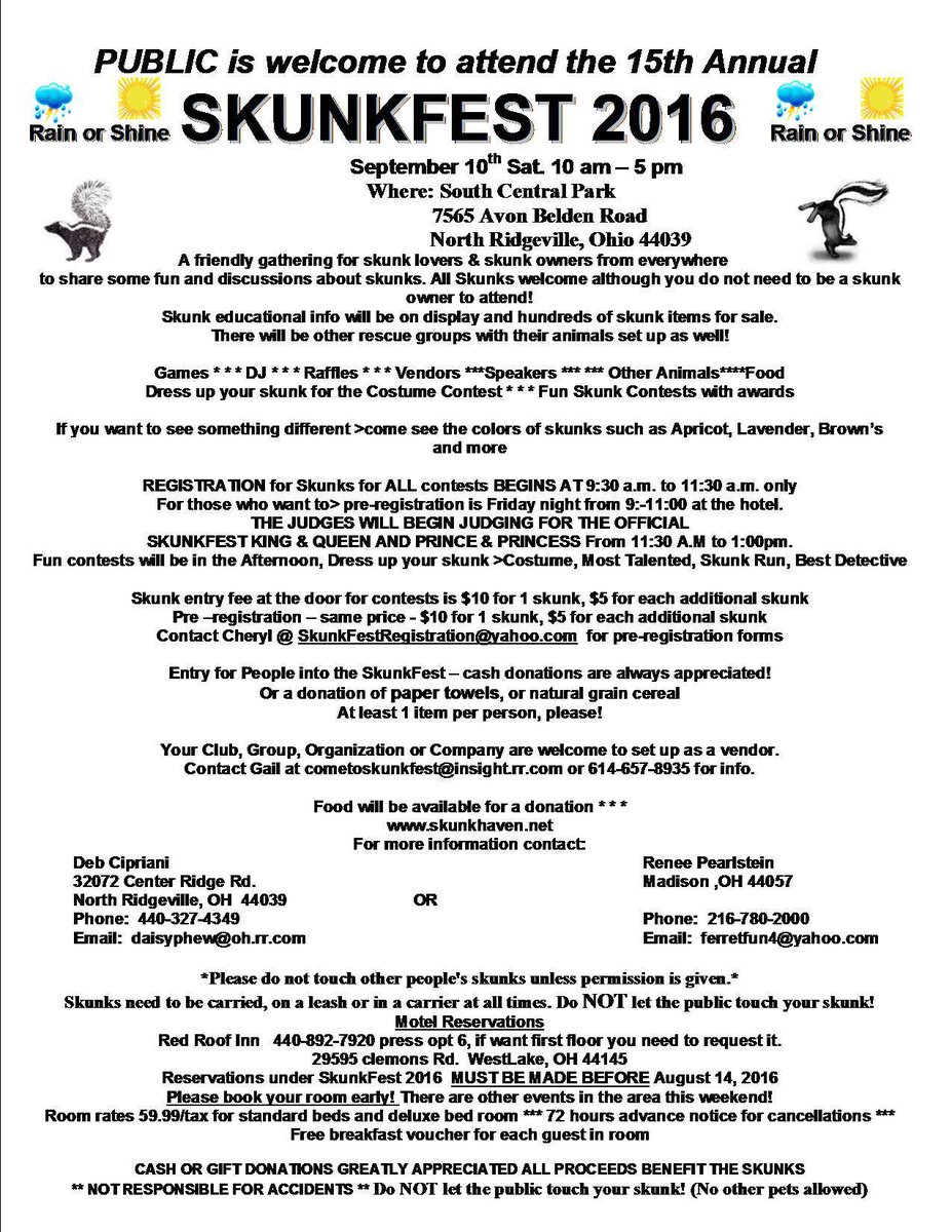 CathyDalgleish's tweet photo. Come to our 15th annual Skunkfest! #cutefurrythings #petskunk #petskunks #loveskunks #cutepets #skunkfest2016 https://t.co/J28i8yWrLb