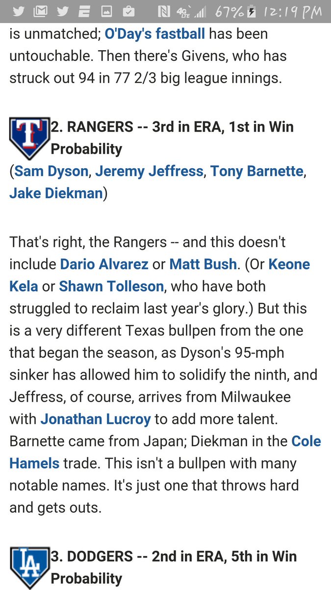 TrippCecilDTNE's tweet photo. @SBJohn12 @Positive_Vig @nmcdougal12 @astros351 rangers have 3rd best bullpen Era in league. #getrealfacts https://t.co/12cgu2GBBk