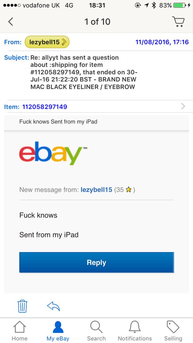 ALLY_TIERNEY's tweet image. Just asked this ebayer where an eyeliner I've ordered is 🙃🙃🙃🙃