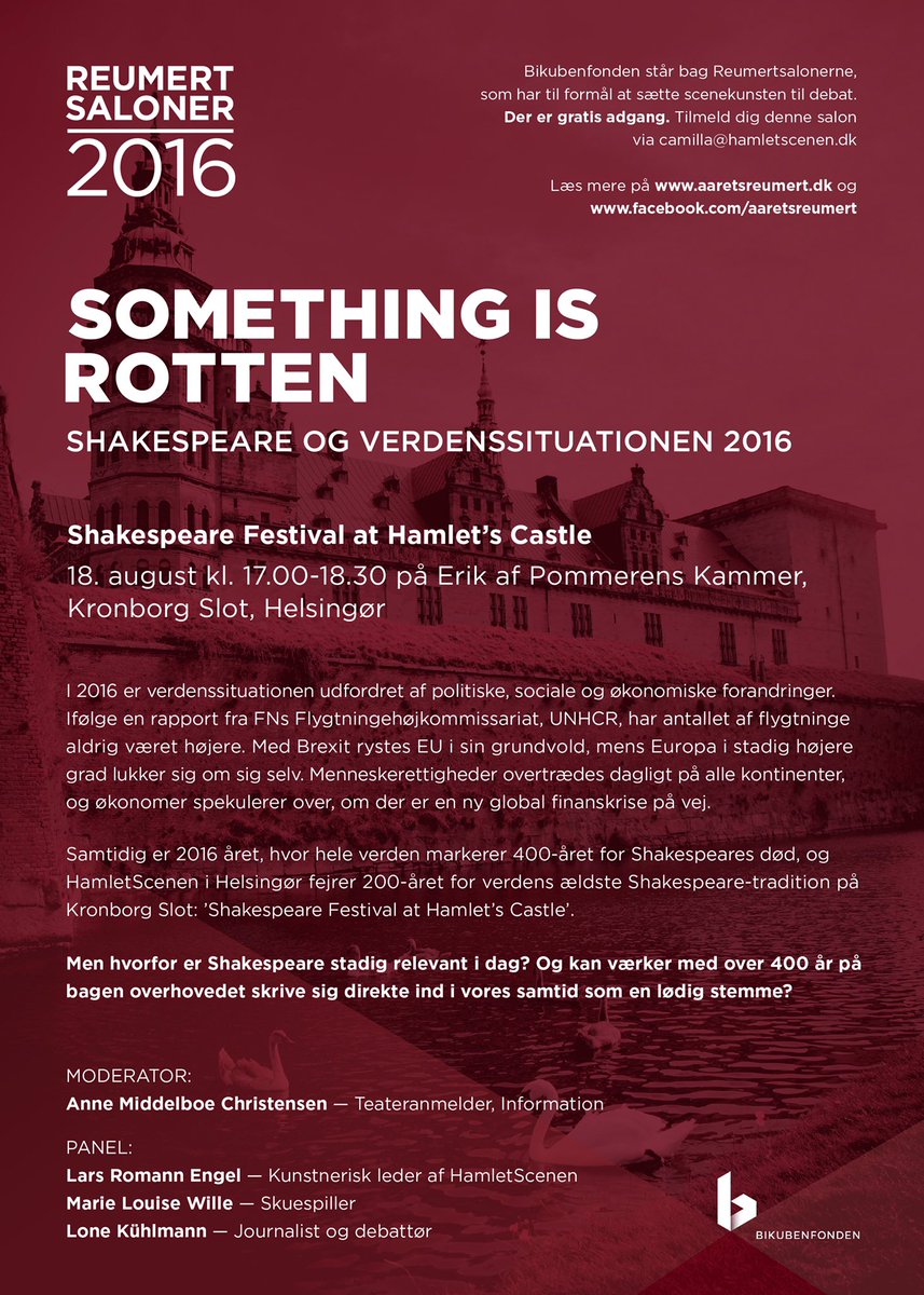 Reumertsalon 18. aug! Det er gratis at deltage. Tilmeld dig via camilla@hamletscenen.dk #bikubenfonden #shakespeare