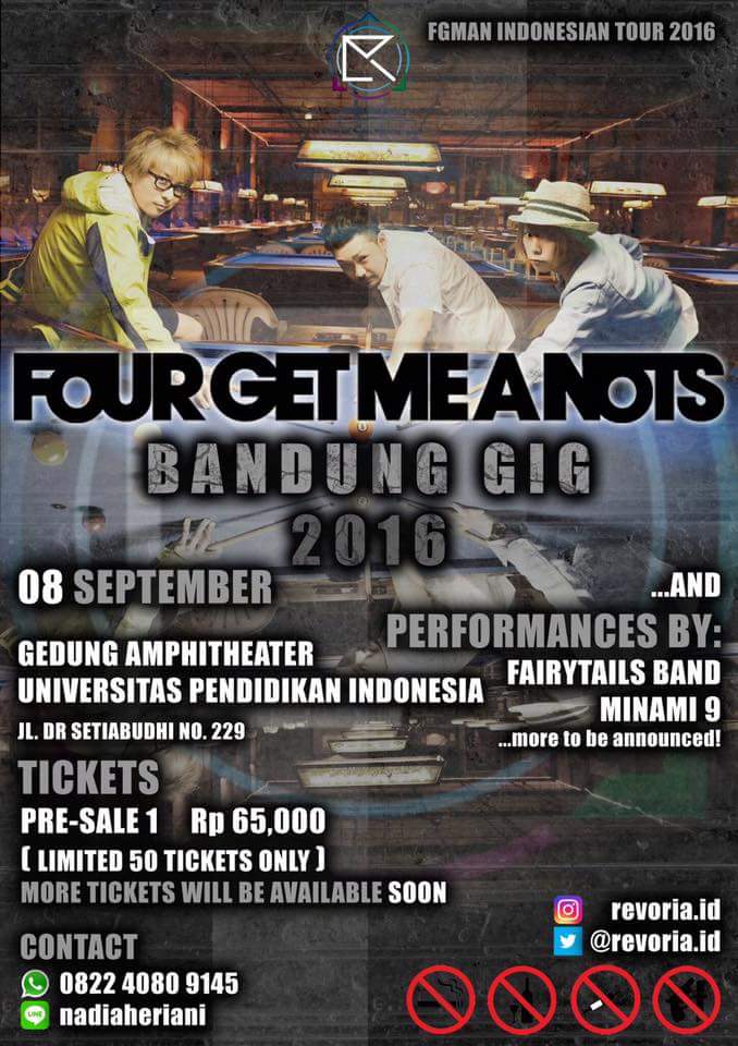 Kita akan menjadi band pembuka di <a href="/FGMAN_Official/">FOUR GET ME A NOTS</a> TOUR INDONESIA 2016 di UPI Bandung, 8 September 2016.