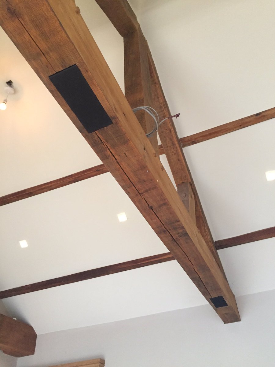 ThinkSona's tweet photo. Setup of a @Dolby Atmos home cinema in #Cheshire
Height channels &amp; screen recessed into oak beam. #liveinstall https://t.co/2yXhVOfTJE