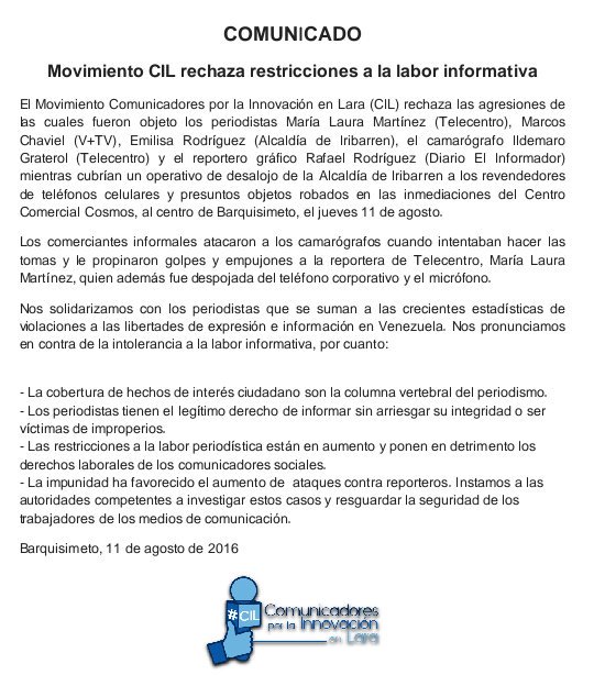 movimientocil's tweet photo. Movimiento CIL rechaza restricciones a la labor informativa. #DDHH #LibertadDeExpresion #InformarNoEsDelito https://t.co/0IqmYlFNYJ
