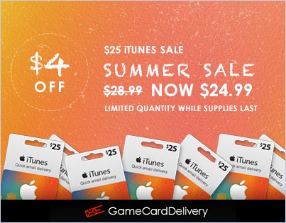 Summer Sale! - Save $4 on $25 iTunes - While Supplies Last
#iTunesSale #iTunes

BUY NOW! gamecarddelivery.com/buy-game-cards…