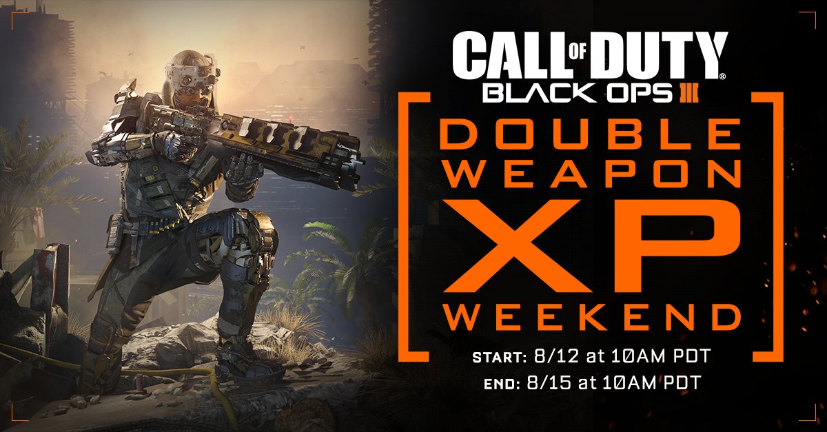 NEWS: Double Weapon XP for Black Ops 3 starts August 12, ends August 15. getintel.co/2blPWN5