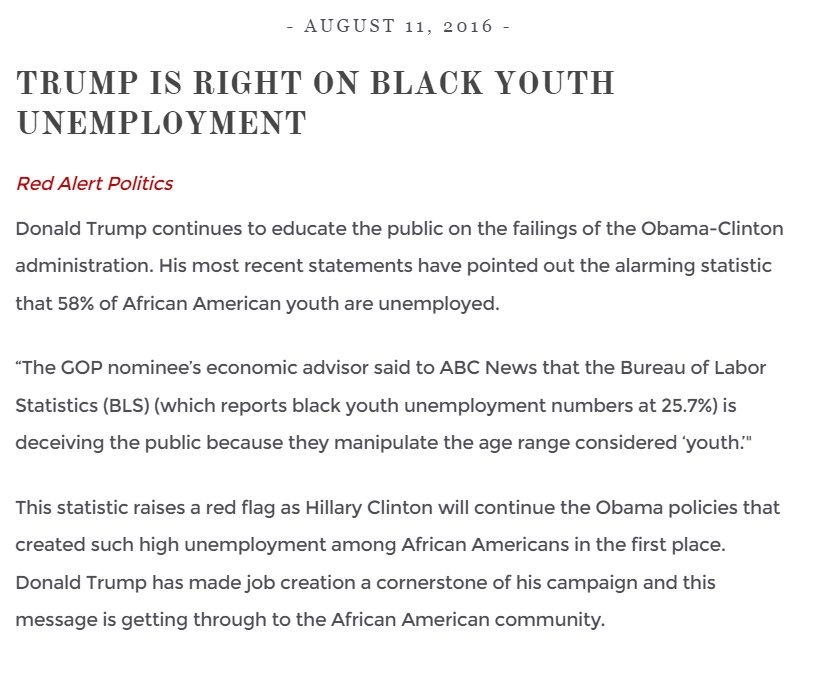 LindaSuhler's tweet photo. TRUMP IS RIGHT ON BLACK YOUTH UNEMPLOYMENT
#TrumpPence16 #Jobs #Economy #MAGA #AmericaFirst
https://t.co/GFxuFPpFCl https://t.co/s7anJogXnN