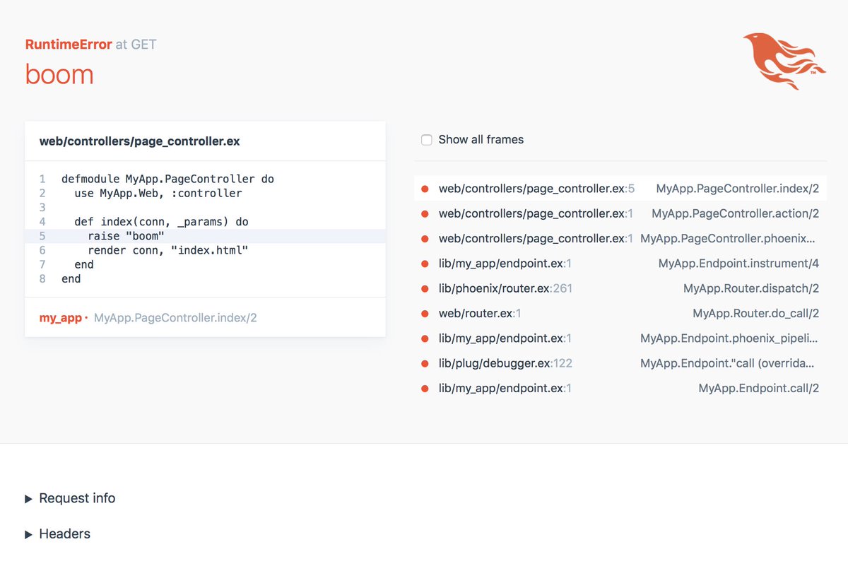 elixirphoenix's tweet image. Phoenix 1.2.1 is out with gorgeous new error pages thanks to @rstacruz! Also endpoint code reloading fixes in dev