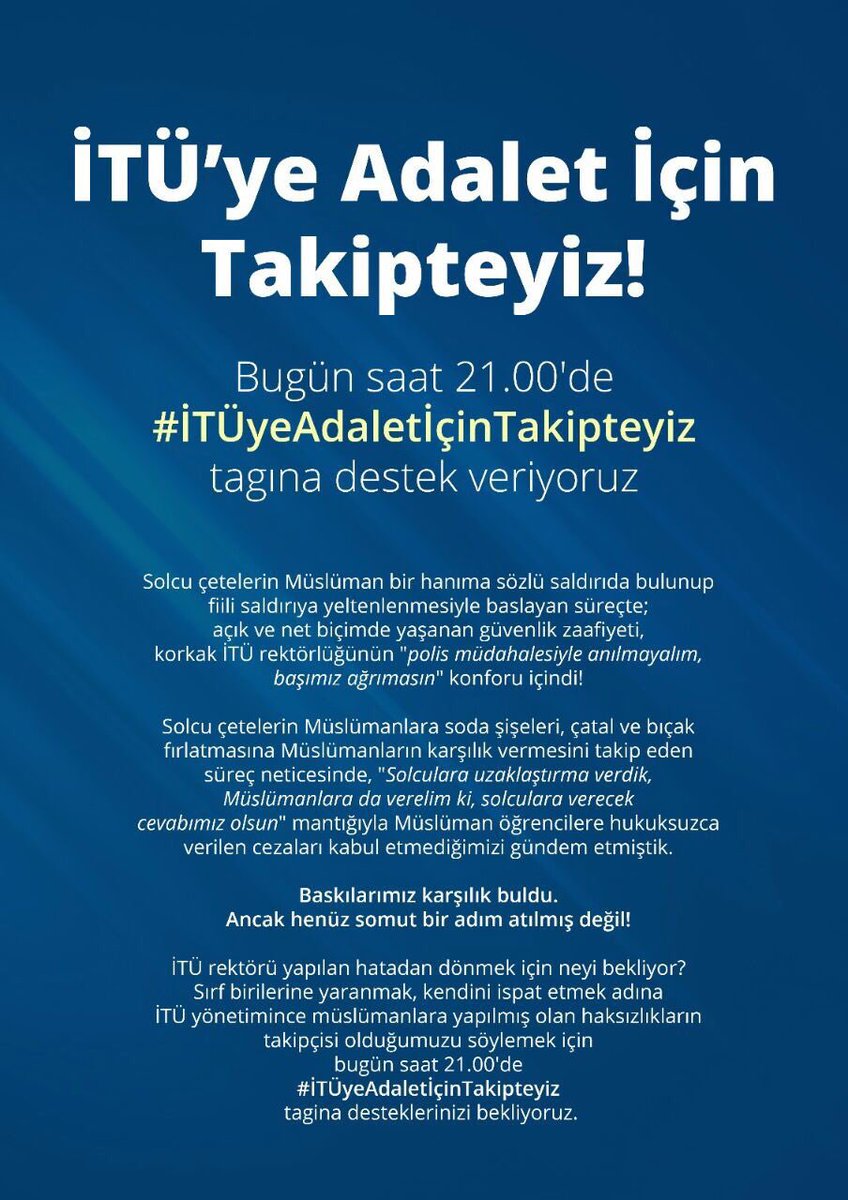 Müslüman öğrenciler için adalet istiyoruz!
#İTÜyeAdaletİçinTakipteyiz 
<a href="/mehmetkaracaitu/">Mehmet Karaca</a>