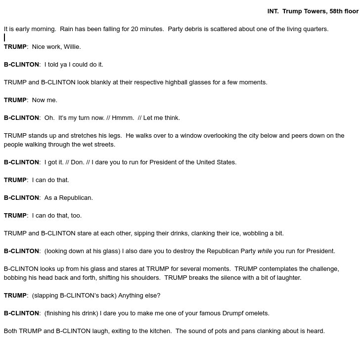 A short #theatre piece I wrote a while back about the election: Bill Clinton &amp; Donald Trump making a bet re:GOP.