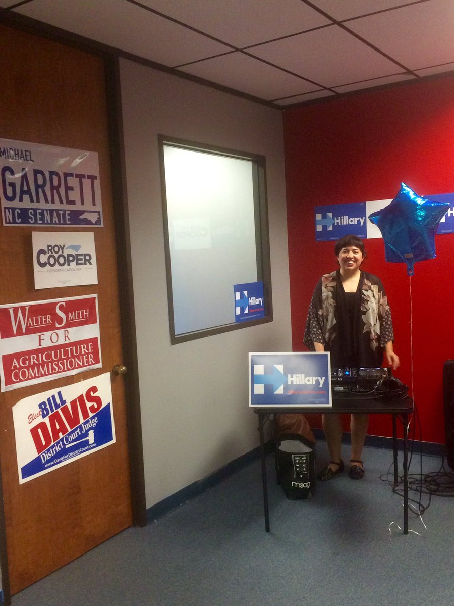 anne_esq's tweet image. Our fabulous DJ @anna_daigneault is setting up her POTUS Playlist for our office opening! #10acious #TurnNCBlue