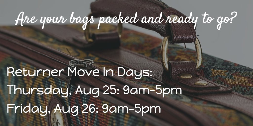 SHU_ResLife's tweet photo. Are your bags packed and ready to go?
Returner Move In Days:
Thursday, Aug 25: 9am-5pm
Friday, Aug 26: 9am-5pm https://t.co/VSCZIohnQA