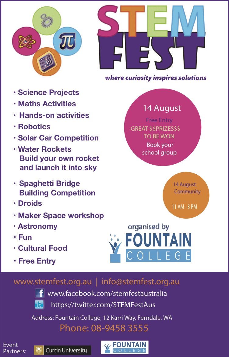 STEMFestAus's tweet image. @STEMFestAus will kick off this Sunday(14th Aug)11AM @Fountain_Perth Enjoy #NatSciWk w rockets, droids, robots &amp;amp;more