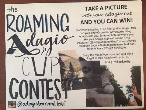 Where does your Adagio cup roam to? Submit entertaining photos #adagiobeanandleaf or @adagiobeanandleaf on instagram