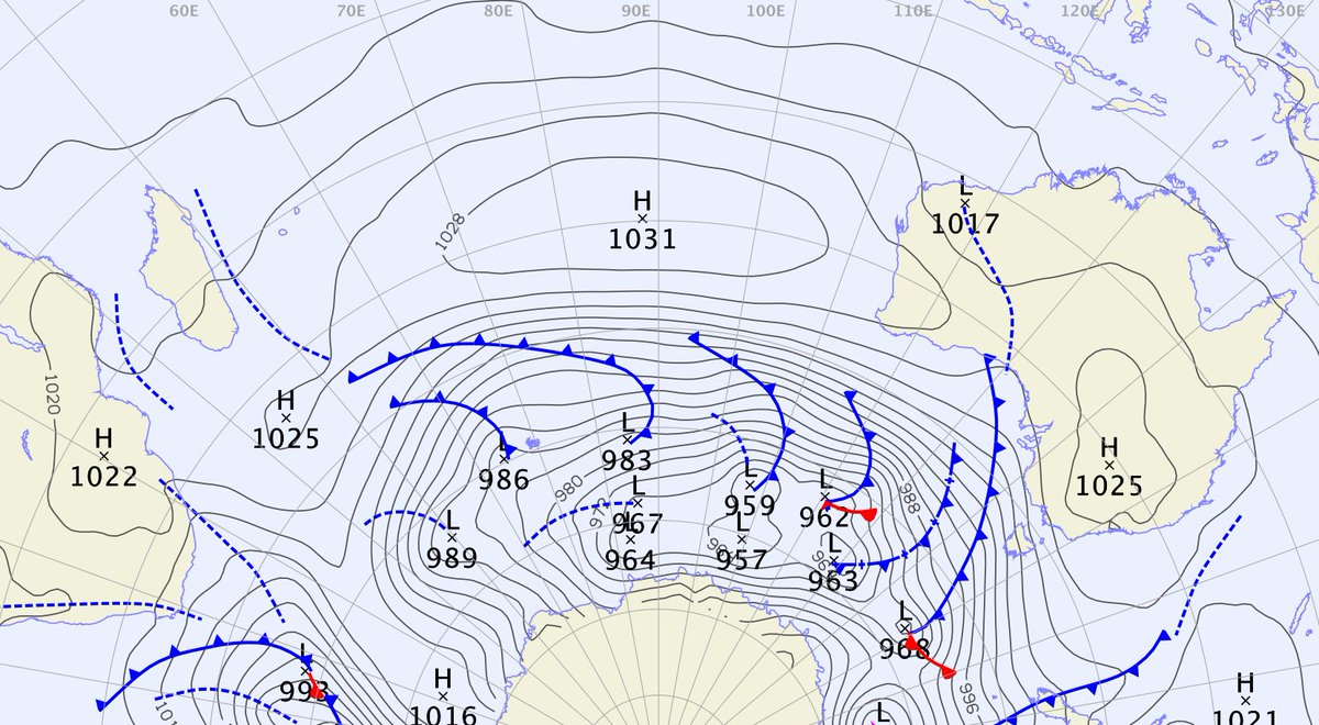 BOM_au's tweet photo. A High from Africa to Australia keeps a conga line of cold fronts well south this wknd, but Tas won't quite escape! https://t.co/Qf3lASaF7a