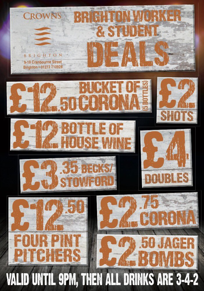 Crowns_Brighton's tweet photo. Come and enjoy our brand new Brighton Worker &amp; Student Deals in the sun!🍾🍺🍸🍹 https://t.co/GAx2MwIpJ7
