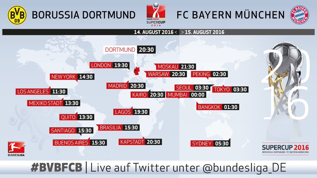 Bundesliga_DE's tweet photo. Die Anstoßzeiten für den 17. #Supercup! Wo schaut ihr das Duell @BVB gegen @FCBayern? #BVBFCB https://t.co/7b1SiJ4qg1
